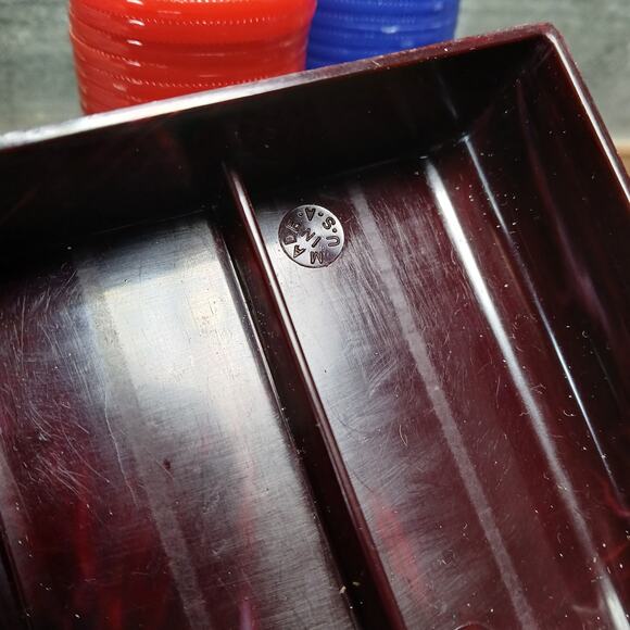 Vtg Tower Poker Chips / Roulette Chips w/Maroon Diamond Lid Storage Box [Set #9] - Picture 3 of 10